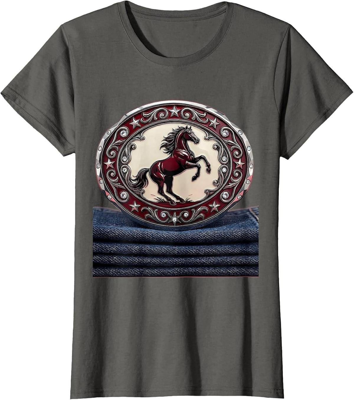 Women's Rodeo Buckle on Blue Jeans 90s Country Graphic T-Shirt - Asphalt Grey