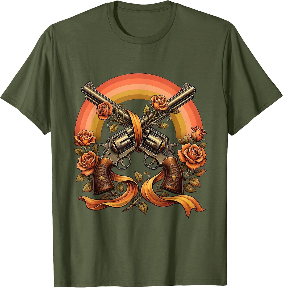 Crossed Revolvers Roses and Ribbon Cowboy Design T-Shirt - Olive Green