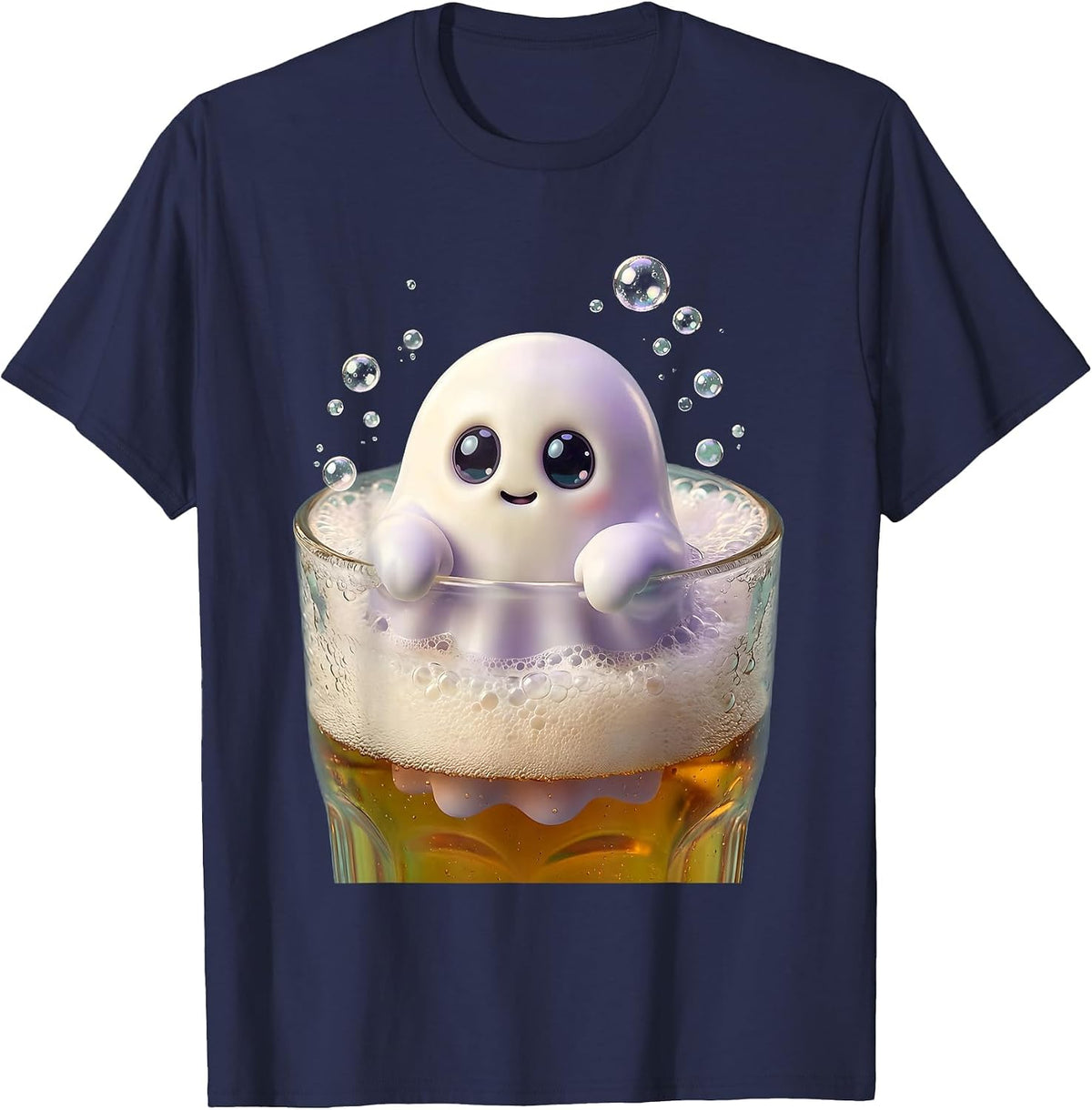 Tiny Ghost Peeking Out of a Pint Glass T-Shirt - Navy Blue