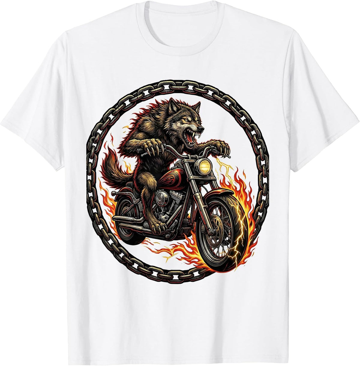Men's Wolf Riding Chopper Motorcycle Biker Graphic T-Shirt - White