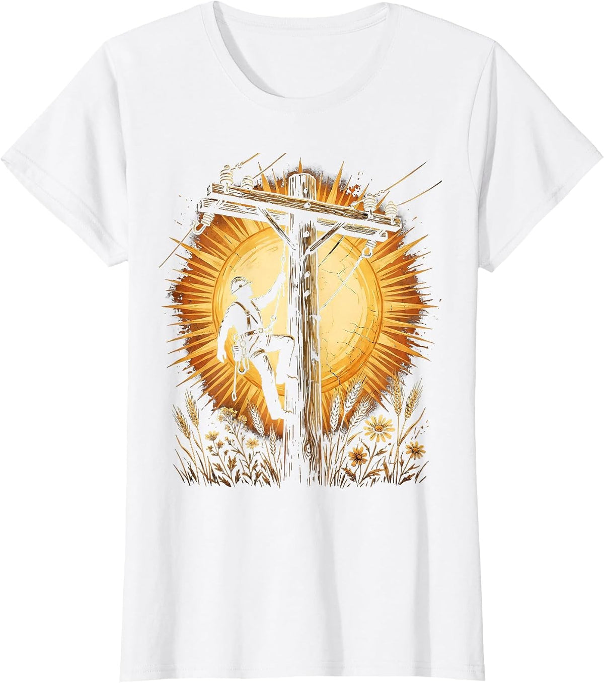 Lineman Climbing Electrical Pole Labor Day T-Shirt - White