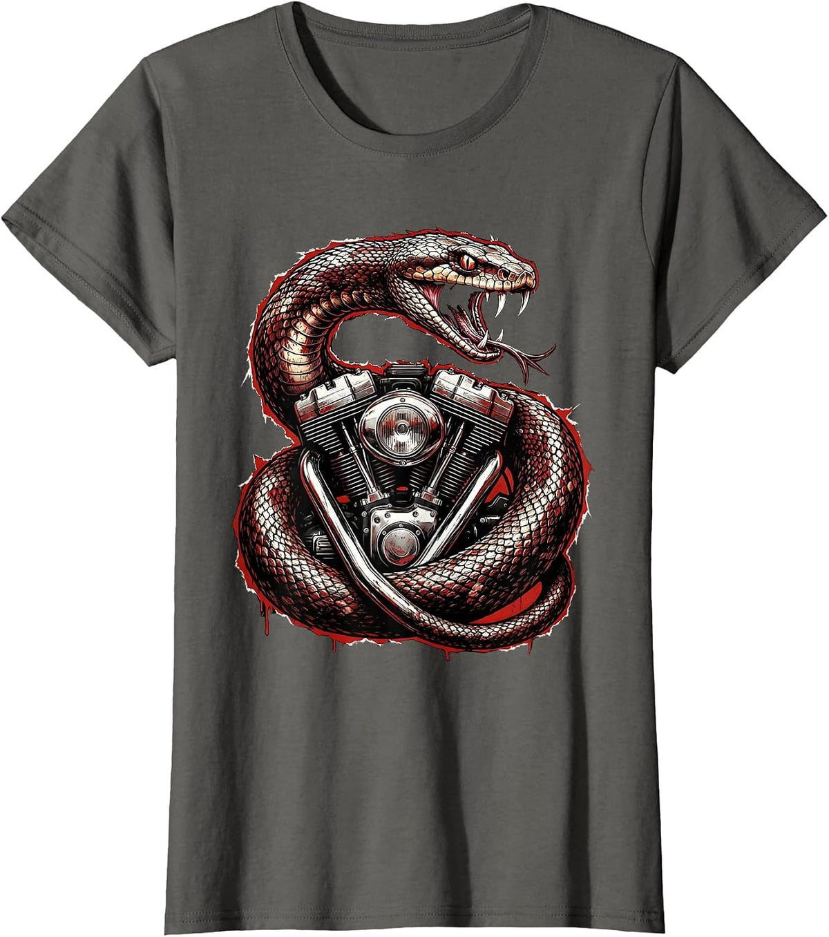 Women's Snake Coiled Vintage Motorcycle Engine Biker Art T-Shirt - Asphalt Grey