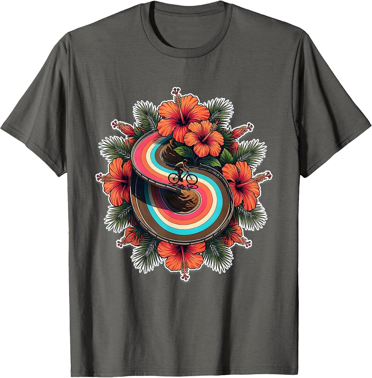 Men's Cyclist Climbing Mountain Road Overhead View T-Shirt - Asphalt Grey