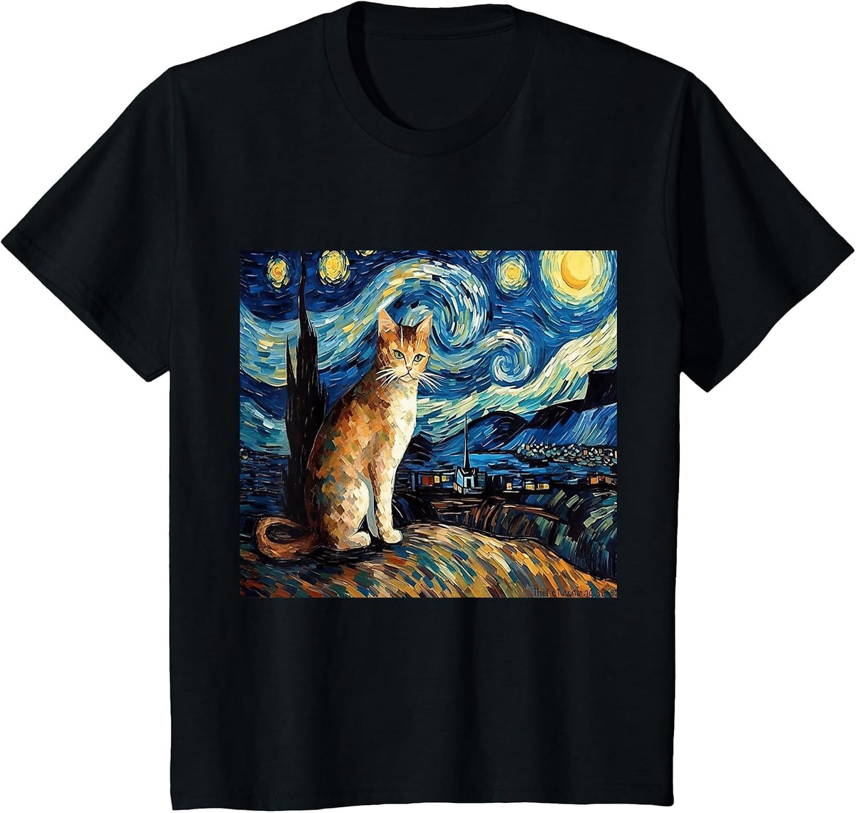 Calico Cat Starry Night Moon and Stars Art T-Shirt - Black