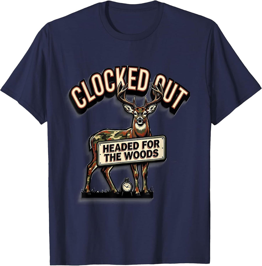 Clocked Out Headed For The Woods Funny Deer Hunter Gift T-Shirt - Navy Blue