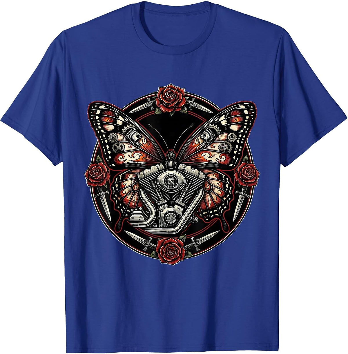 Men's Butterfly Wings Motorcycle Engine Graphic Tee T-Shirt - Royal Blue