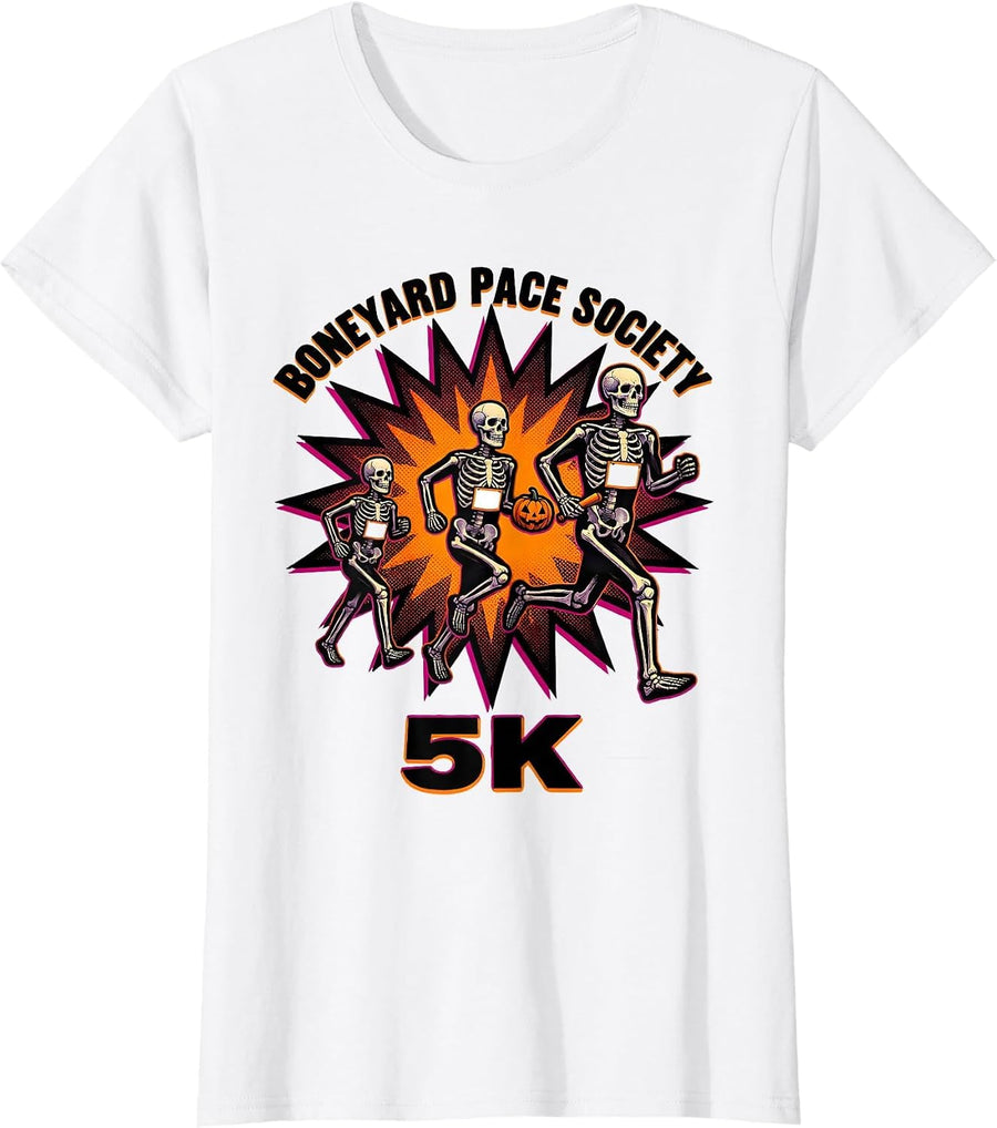 Women's Boneyard Pace Society 5K Funny Halloween Skeleton Runner T-Shirt - White
