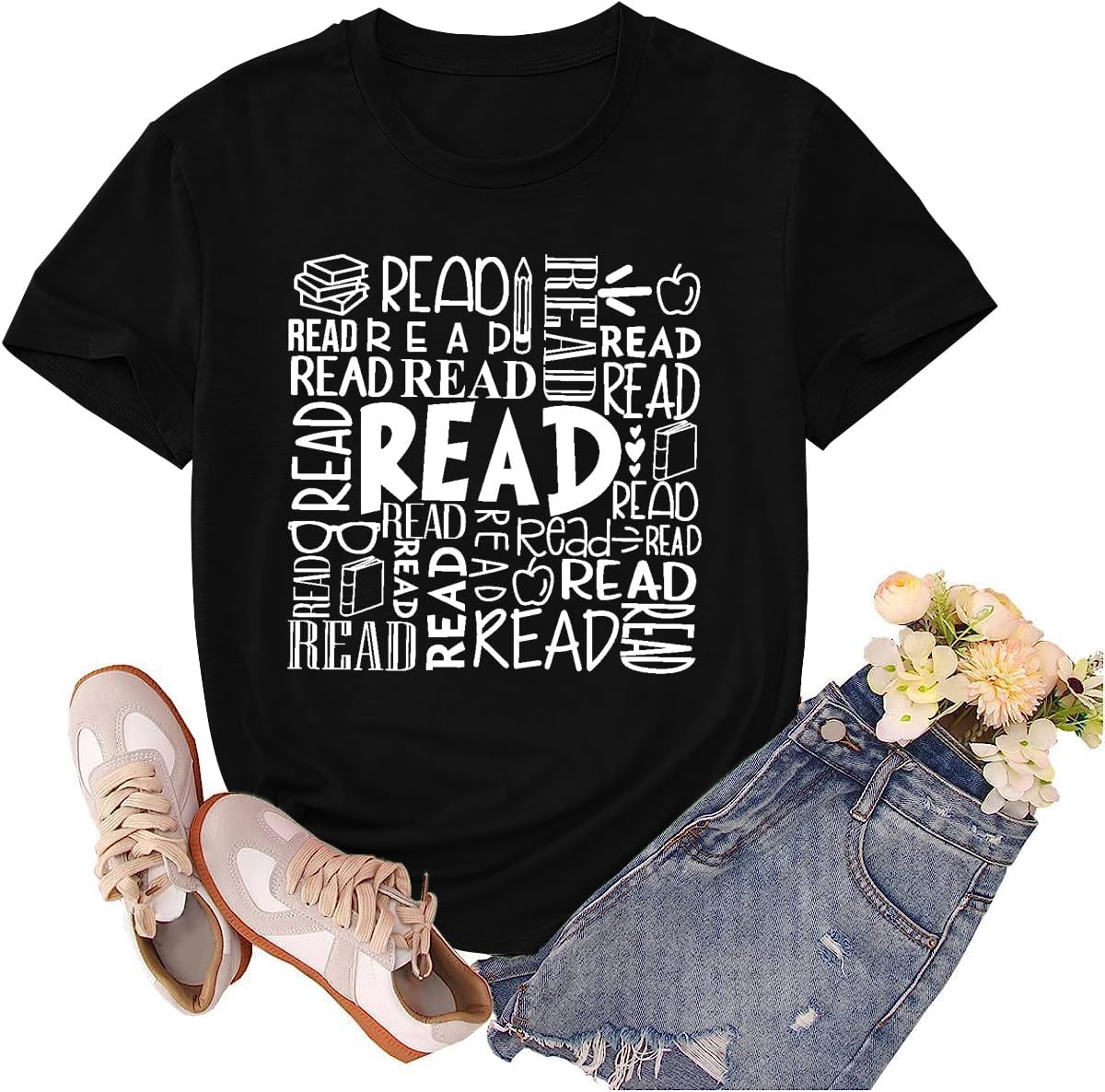Womens Reading Shirt Book Reader Tshirt Book Lover Shirts School Bookworm Tee Tops - Black
