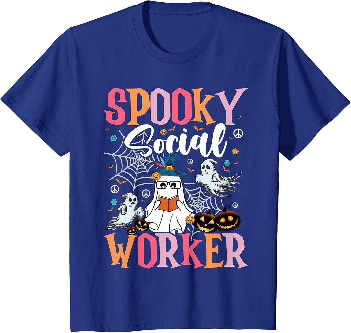 Groovy Retro Ghost Spooky Social Worker Halloween Costume T-Shirt - Royal Blue