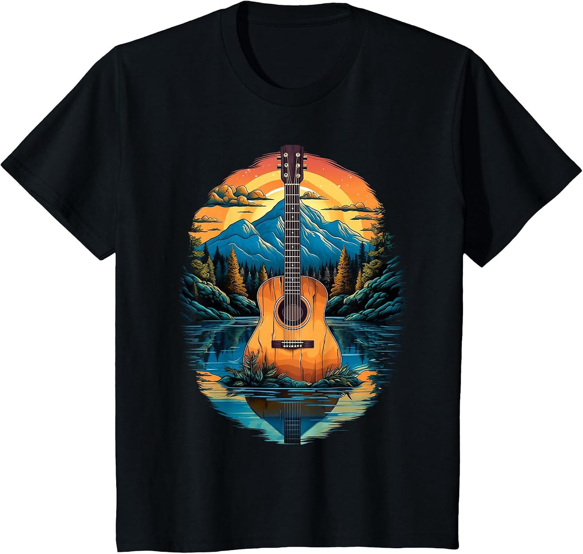 Acoustic Guitar Sunset By The Lake T-Shirt - Black