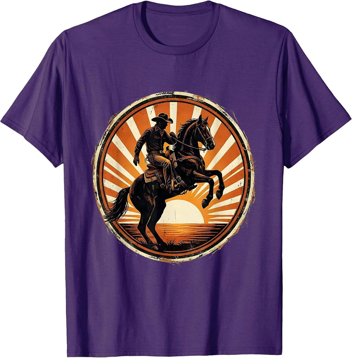 Men's Cowboy Silhouette Sunset Horseback Riding Design T-Shirt - Purple