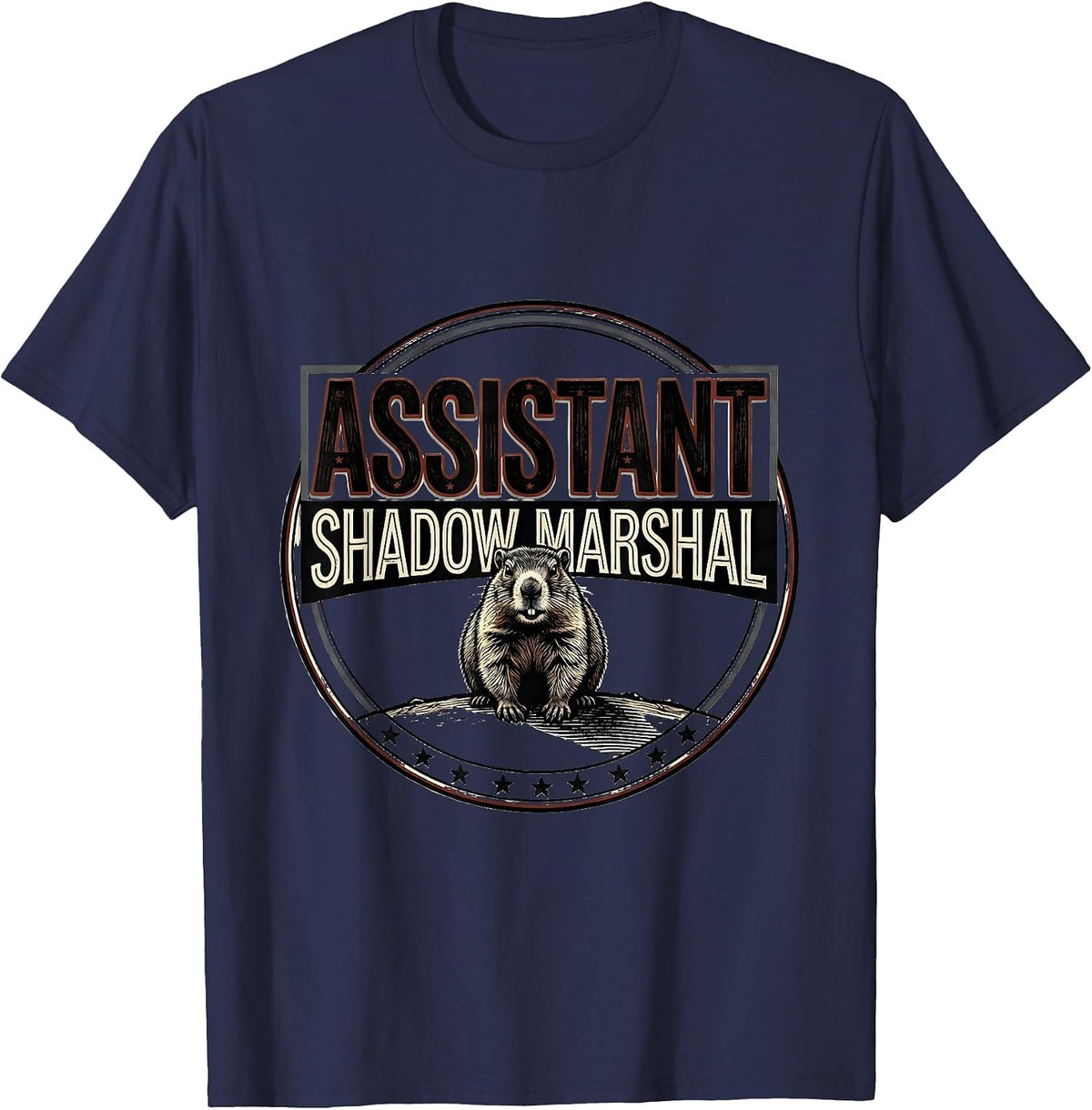 Assistant Shadow Marshal Vintage Badge Humor Groundhog Day T-Shirt - Navy Blue
