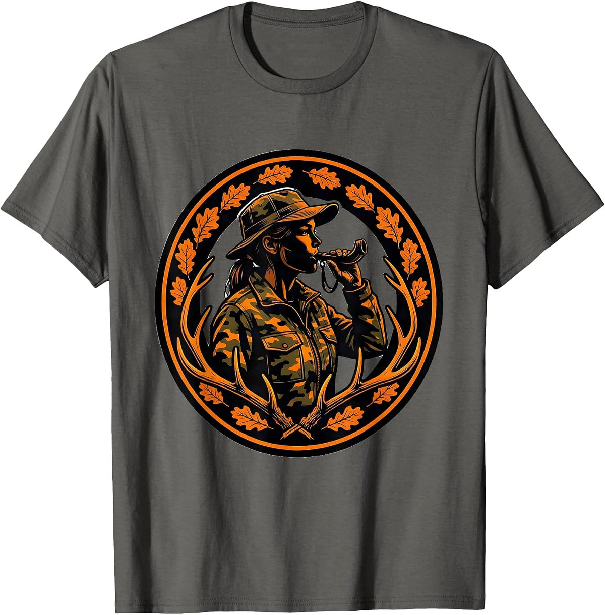 Camo Hunter Deer Call Graphic Design T-Shirt - Asphalt Grey