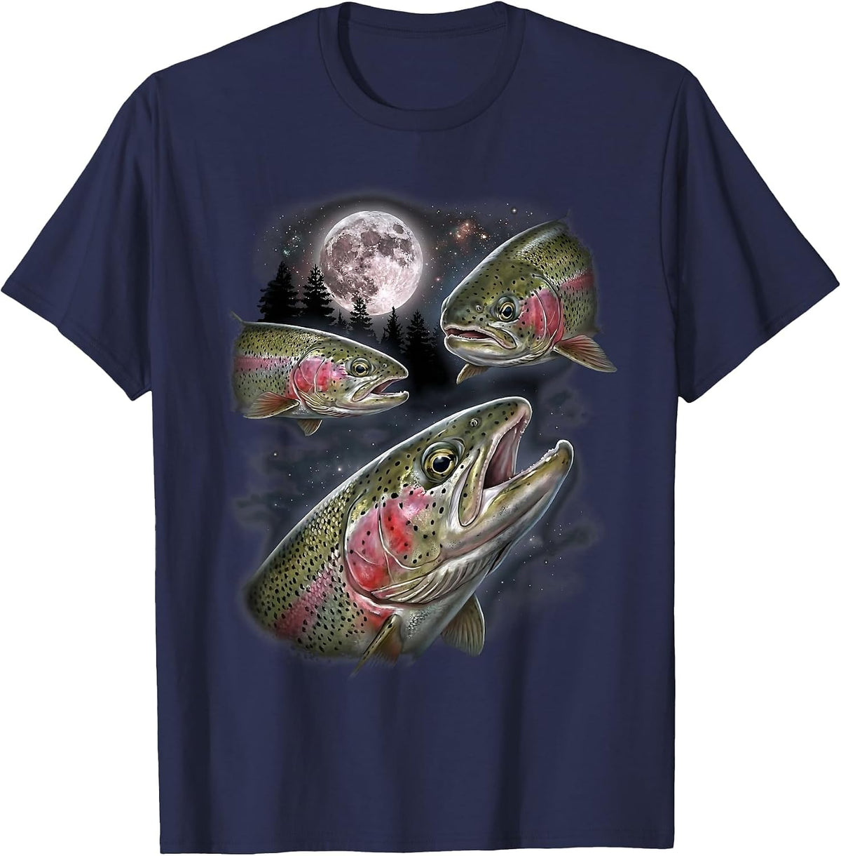 Rainbow Trout Fisherman Howling Moon Design Vintage Fishing T-Shirt - Navy Blue