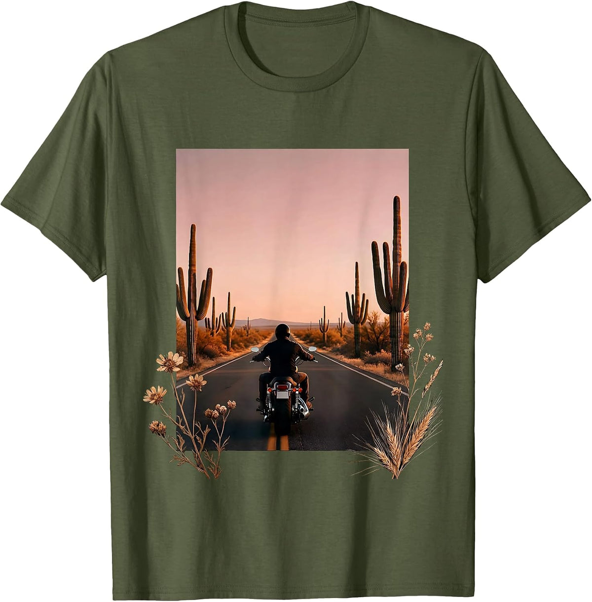 Lone Rider Desert Highway Freedom Motorcycle T-Shirt - Olive Green