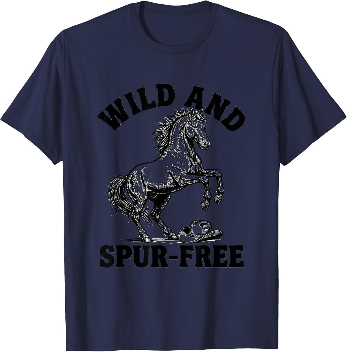 Wild and Spur-Free Cowboy Graphic Design T-Shirt - Navy Blue