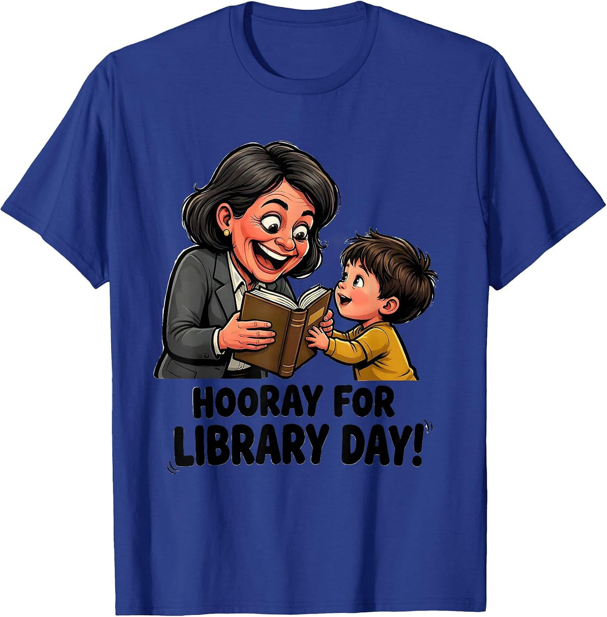 Men's Hooray For Library Day Cartoon Librarian Book Lover School T-Shirt - Royal Blue