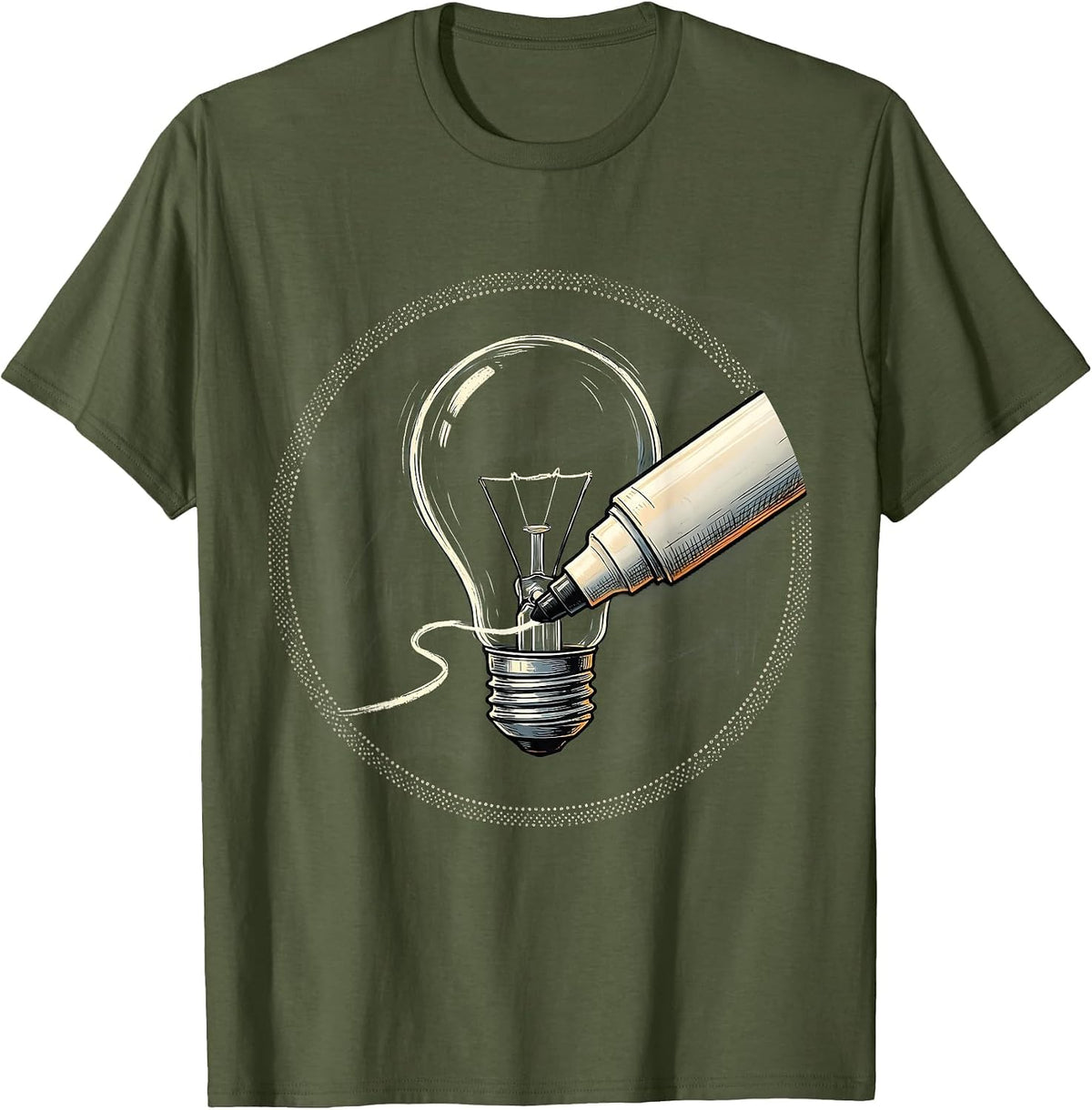 Middle School Teacher Lightbulb Marker Illustration T-Shirt - Olive Green