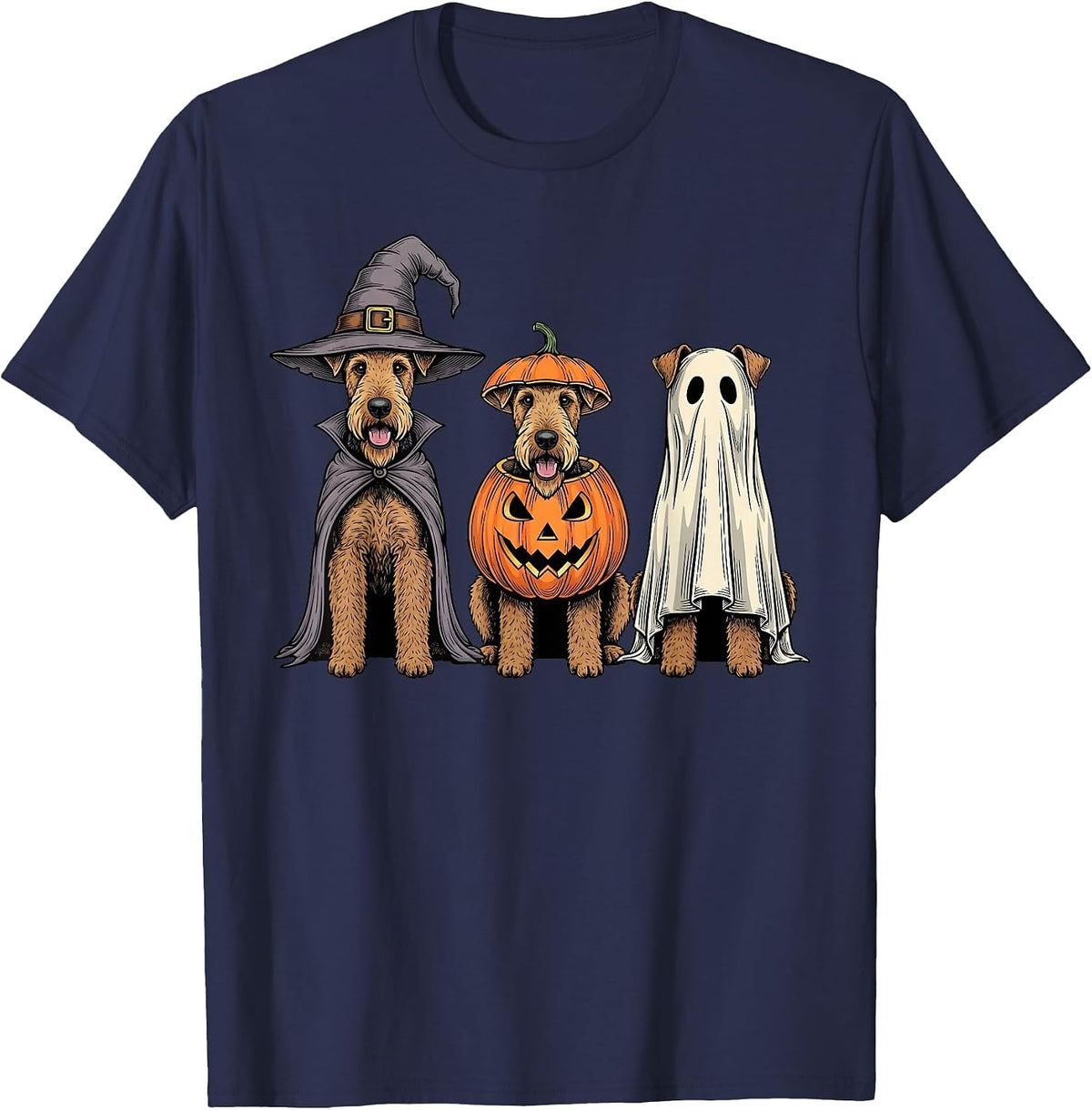 Spooky Ghost Airedale Terrier Pumpkin Halloween Dog Lover T-Shirt - Navy Blue