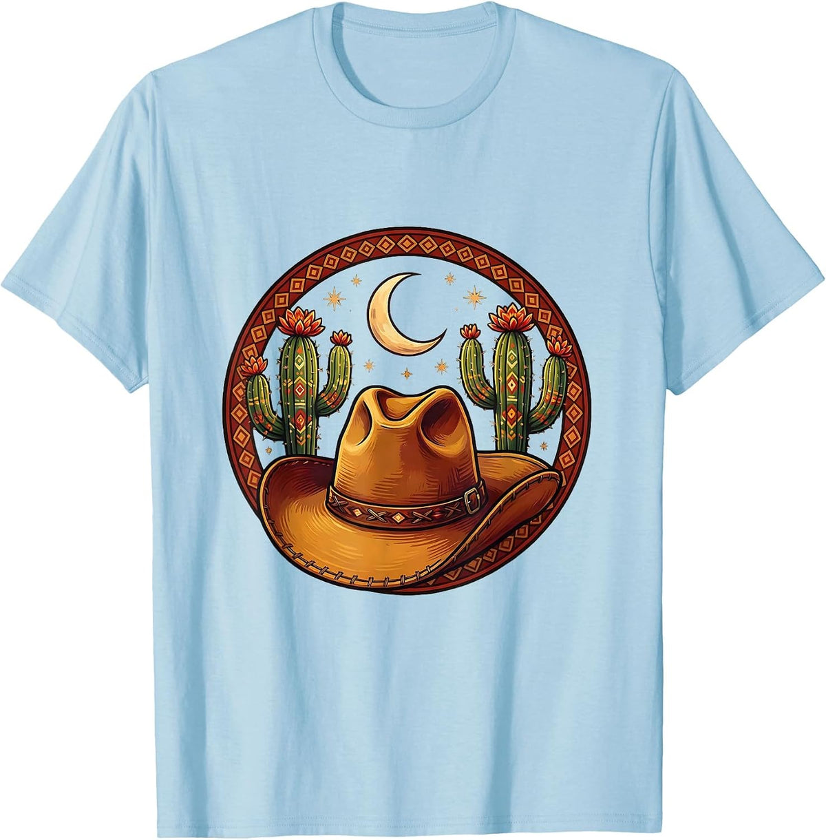 Men's Cowgirl Hat Cactus Crescent Moon Western Design T-Shirt - Baby Blue