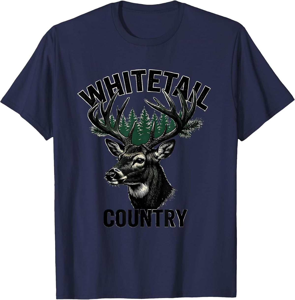 Men's Whitetail Country Linocut Forest Wildlife Animal Lover Art T-Shirt - Navy Blue