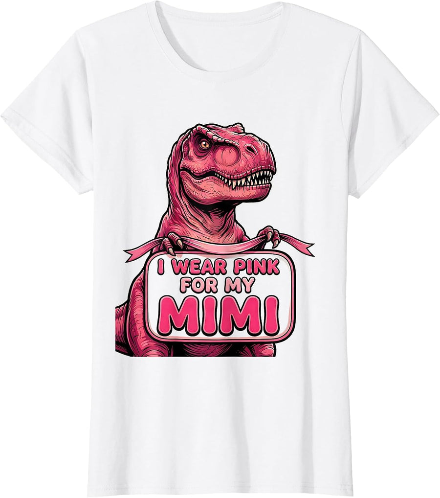 Women's I Wear Pink For My Mimi Pink Dinosaur Family Tribute Breast T-Shirt - White