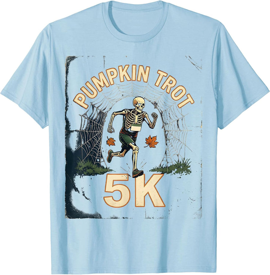 Men's Pumpkin Trot 5K Vintage Skeleton Halloween Fun Run Matching T-Shirt - Baby Blue