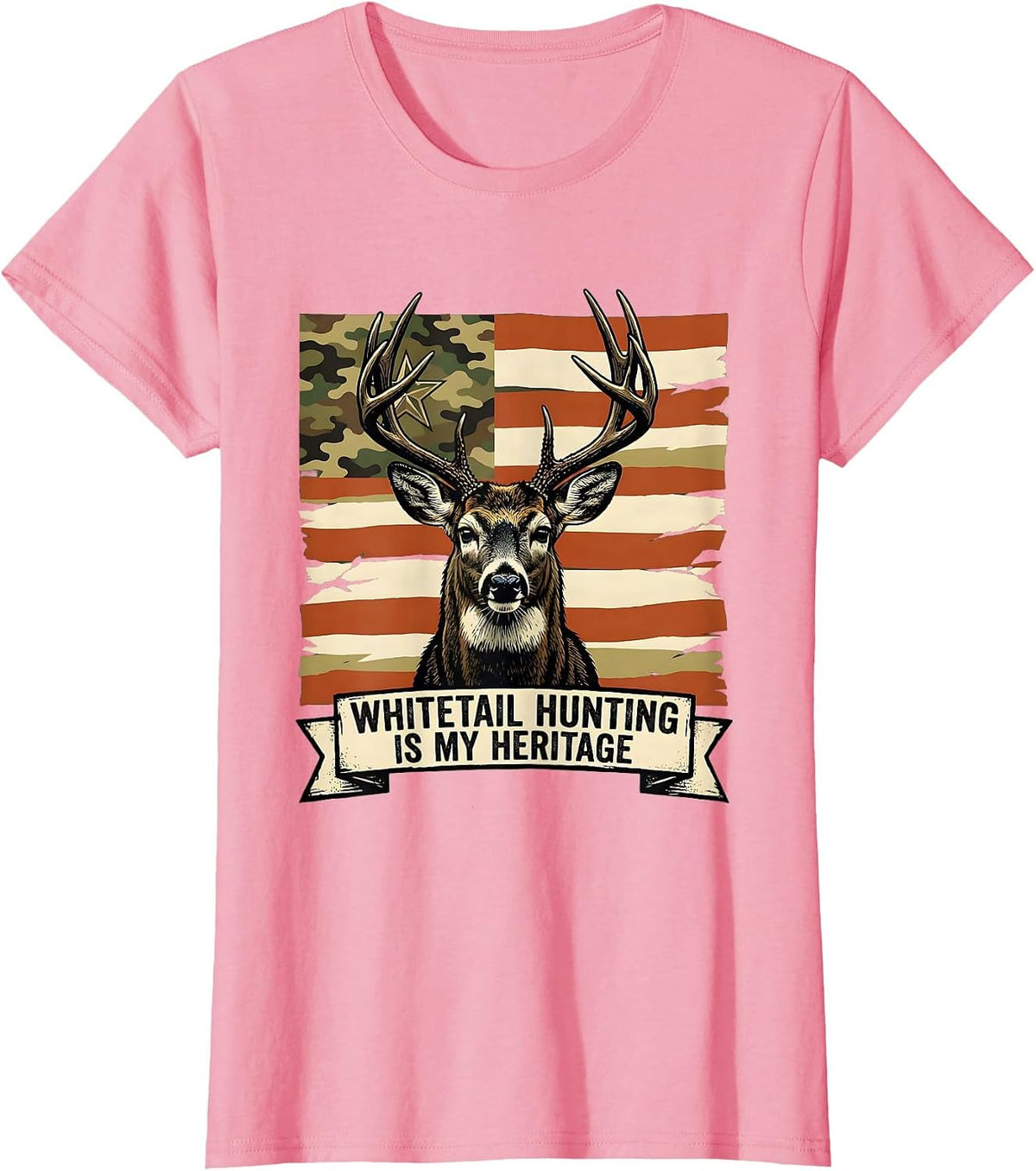 Women's Whitetail Hunting Is My Heritage Patriotic Camo Deer Hunter T-Shirt - Pink