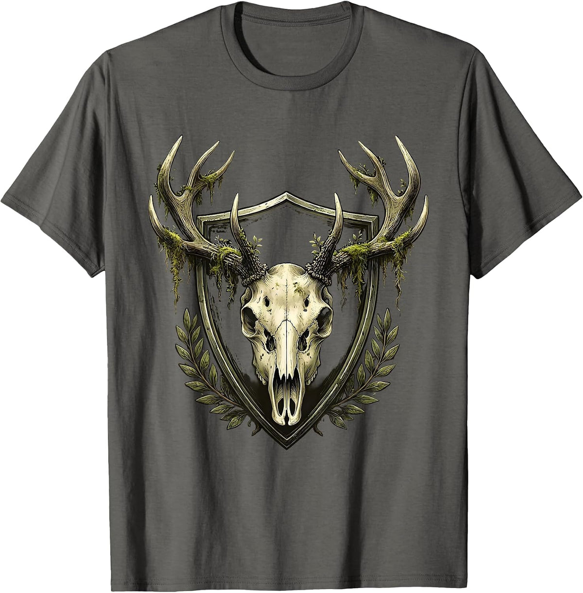 Men's Deer Skull Mossy Antler Rack Hunting Graphic T-Shirt - Asphalt Grey