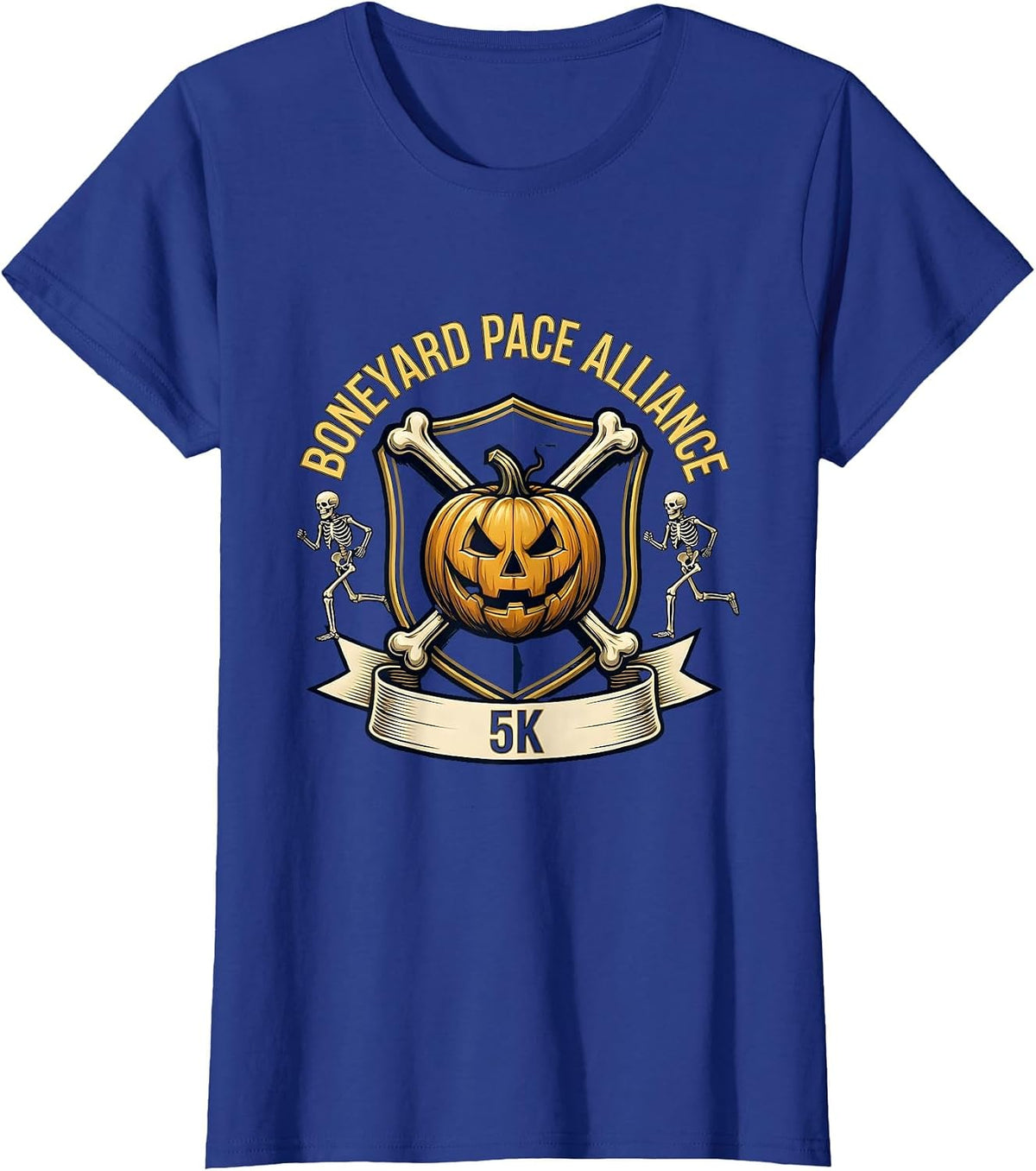 Women's Boneyard Pace Alliance 5K Funny Skeleton Halloween Runner T-Shirt - Royal Blue