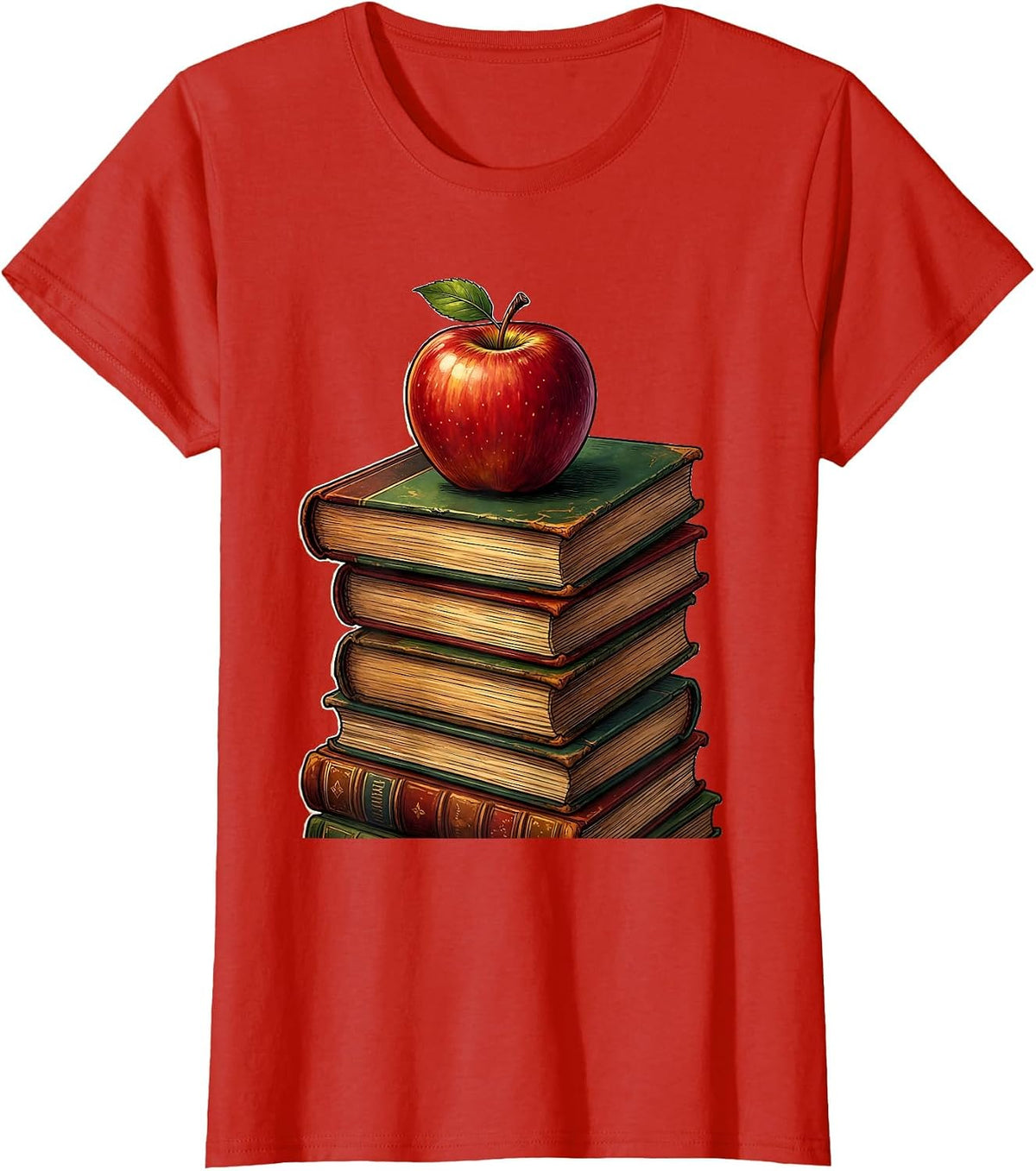 Middle School Teacher Stacked Books Apple Illustration T-Shirt - Red