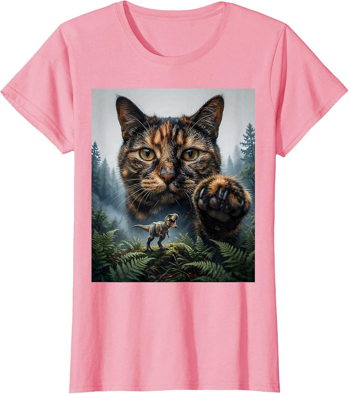 Women's Oversized Calm Tortoiseshell Cat Face Funny T-Rex Dinosaur T-Shirt - Pink