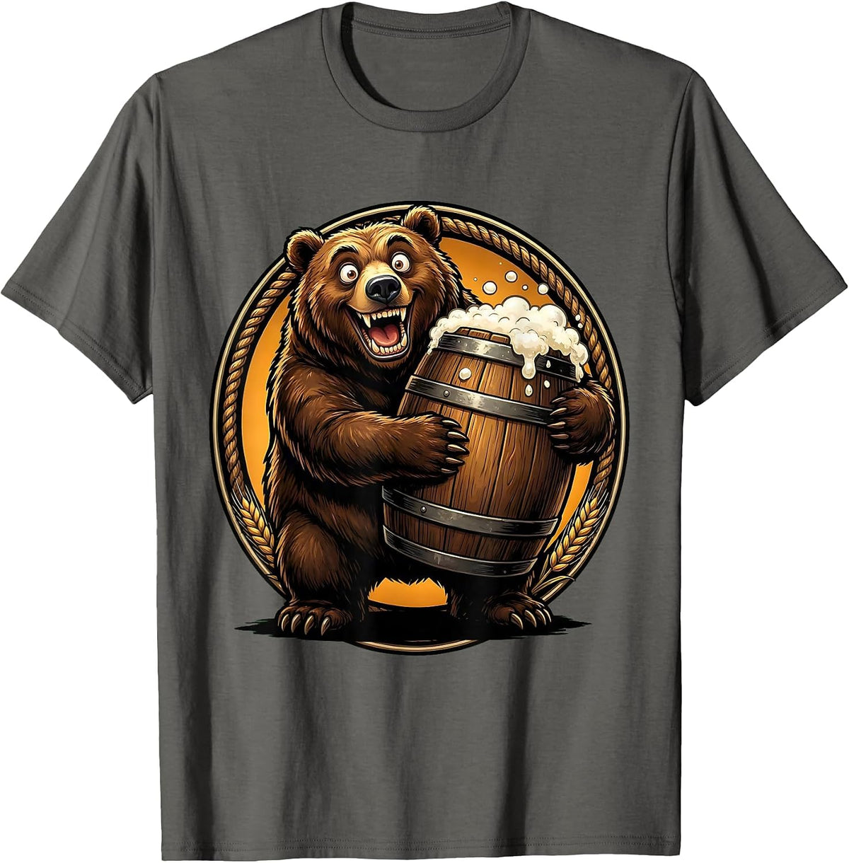 Men's Bear Hugging Giant Ale Barrel Drinking Design T-Shirt - Asphalt Grey