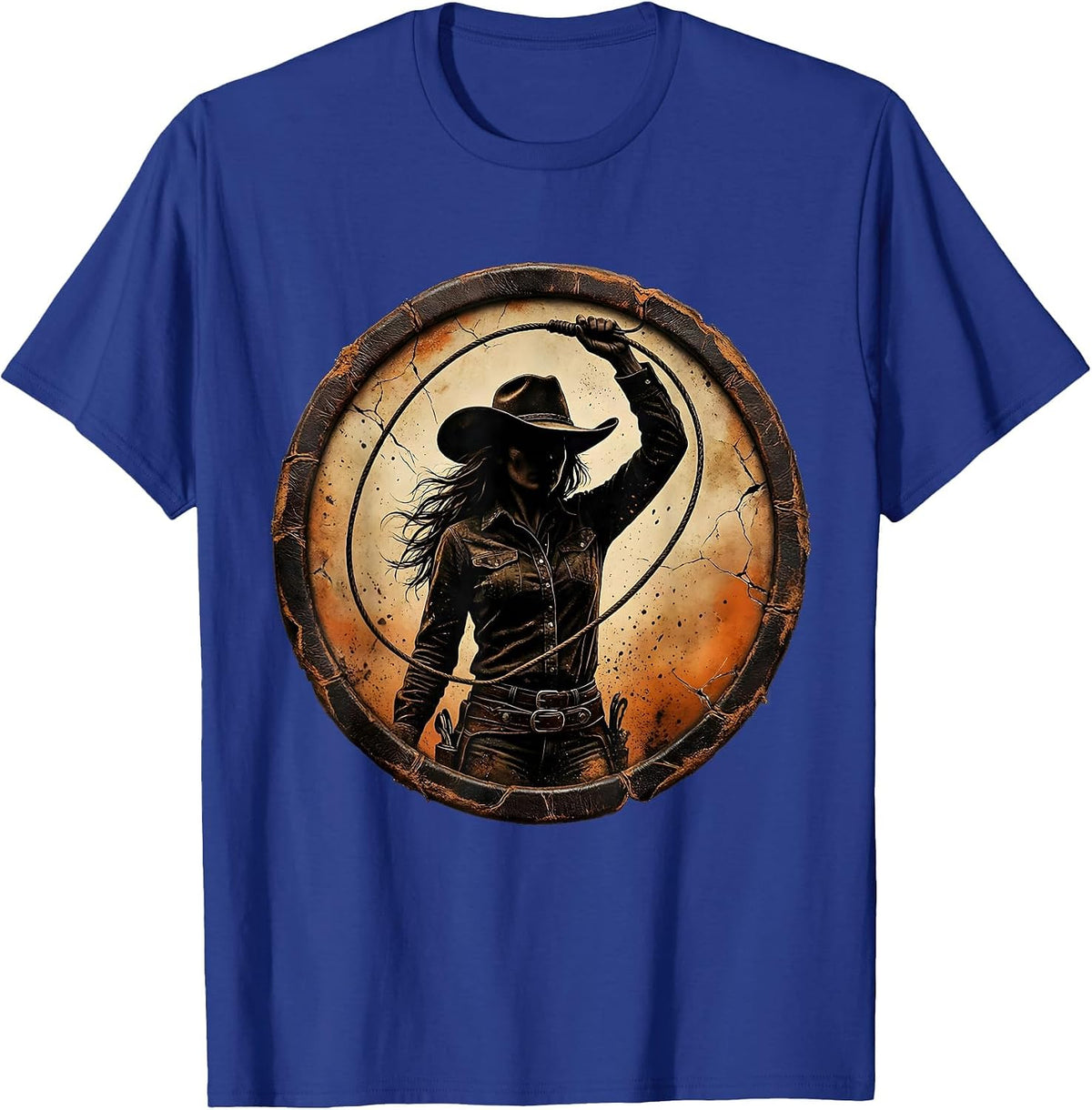 Cowgirl Lasso Spinning Graphic Design T-Shirt - Royal Blue