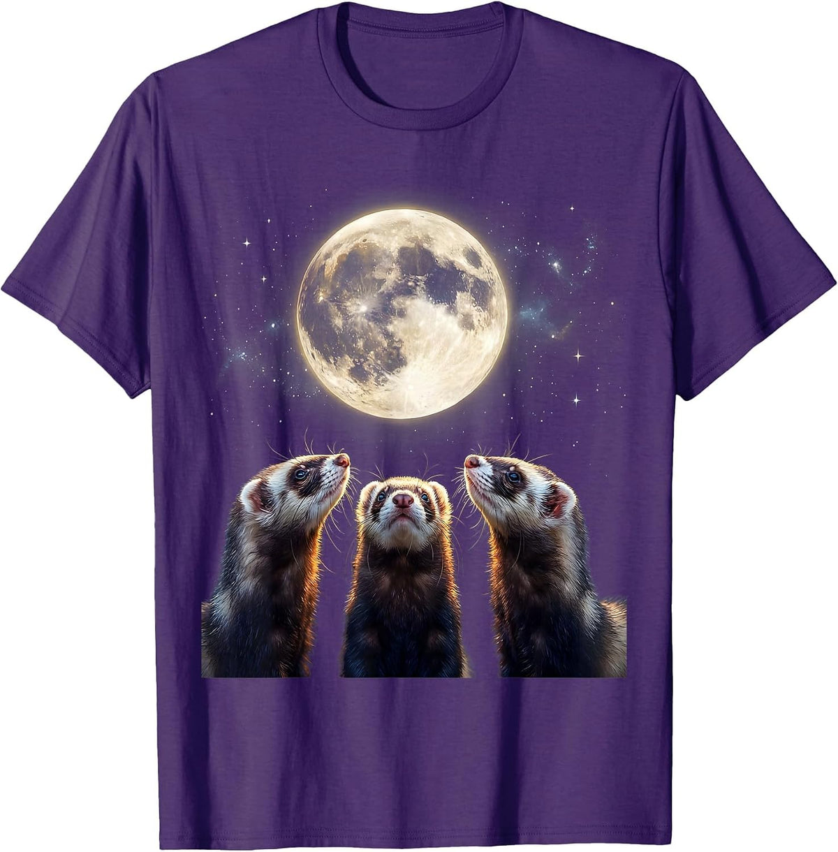 Men's Three Ferrets Howling at Moon Cosmic Meme Humor T-Shirt - Purple