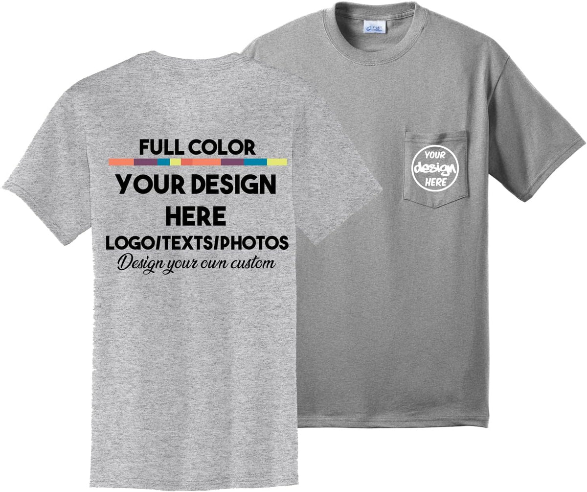 INK STITCH Unisex Pc55p Custom Printing Logo Texts Photo Front Back Pocket Cotton Tees - Athletic Heather