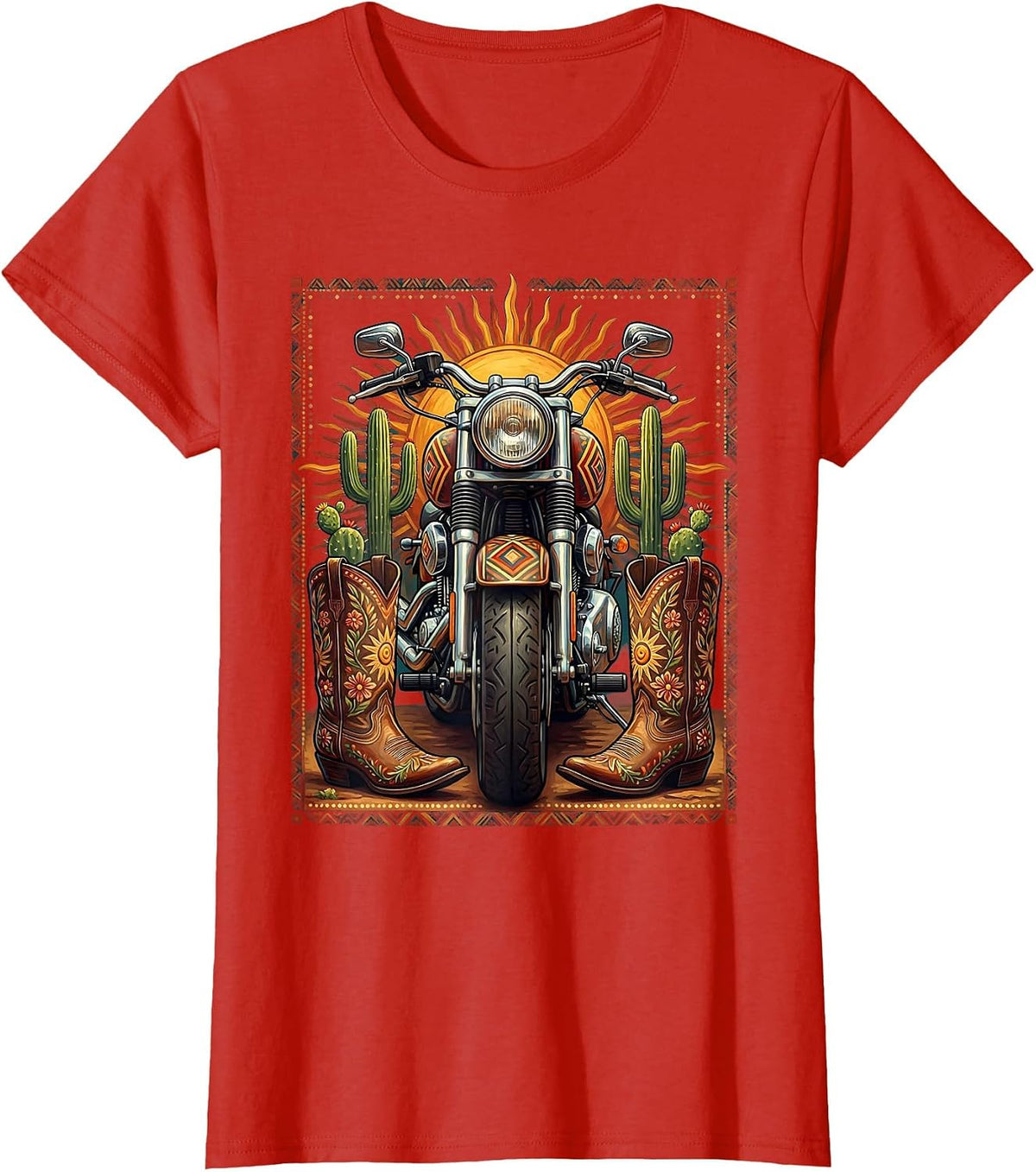Women's Route 66 Cowboy Boots and Motorcycle Graphic T-Shirt - Red