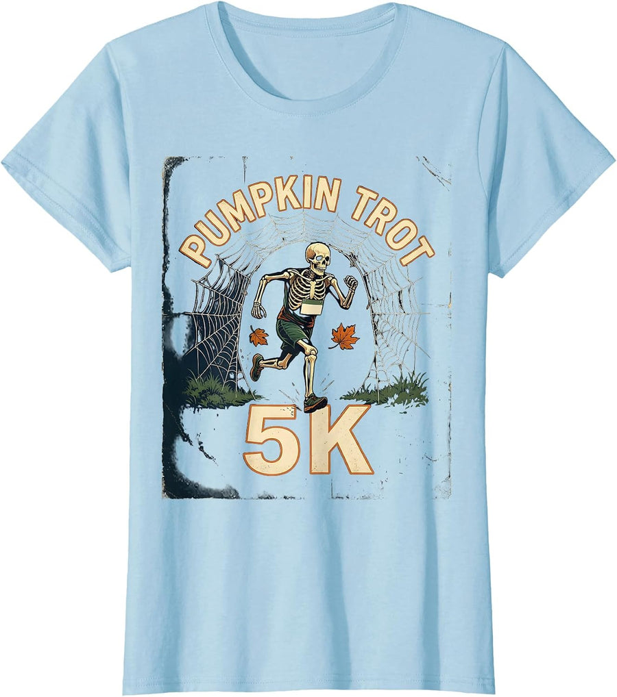 Women's Pumpkin Trot 5K Vintage Skeleton Halloween Fun Run Matching T-Shirt - Baby Blue