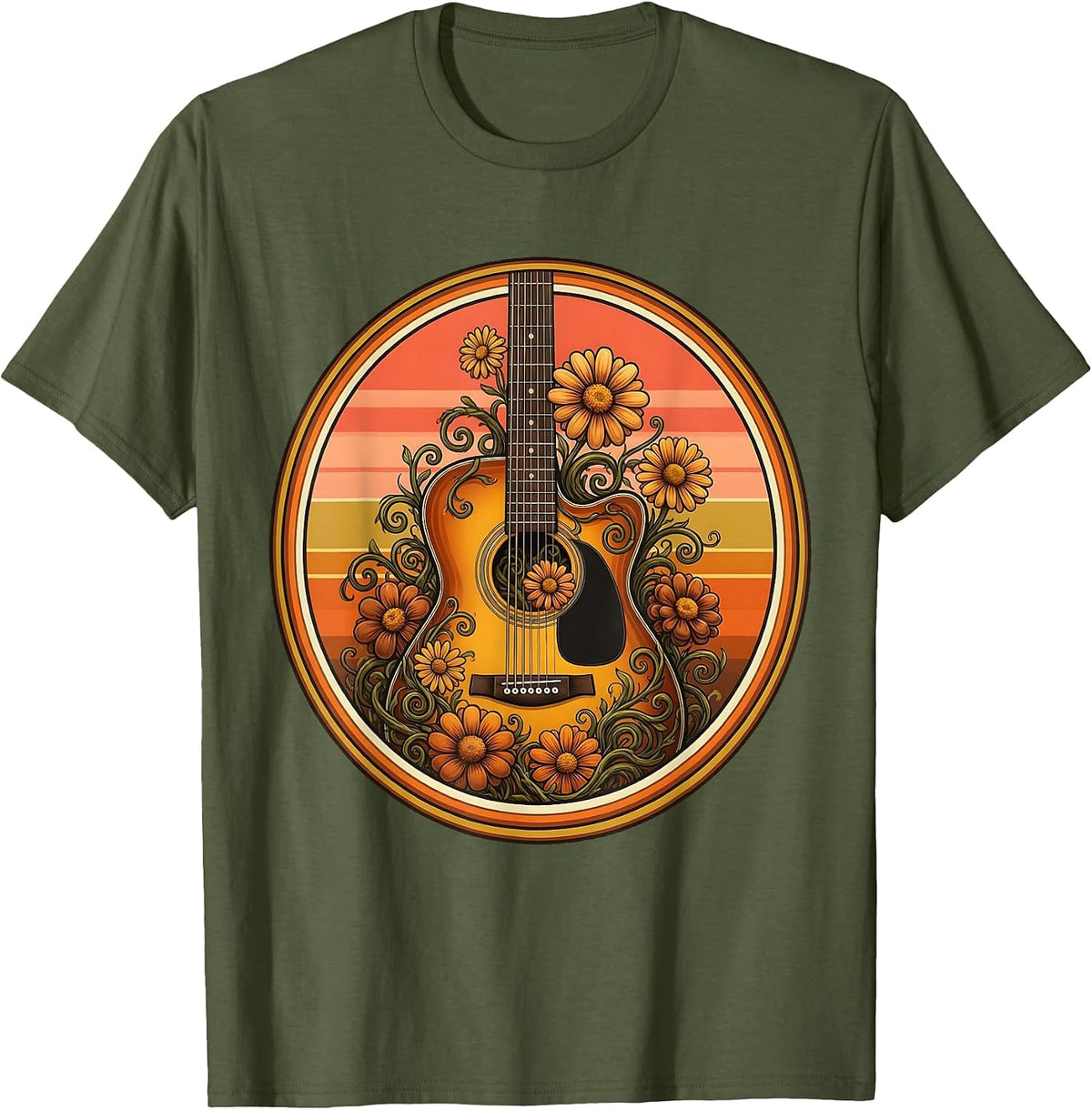 Acoustic Guitar Floral Vine Bloom Illustration T-Shirt - Olive Green
