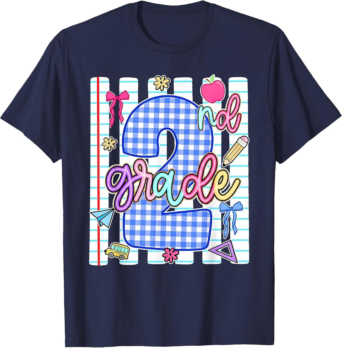 Back to School 2nd Second Grade Coquette Bow Blue Women Girl T-Shirt - Navy Blue