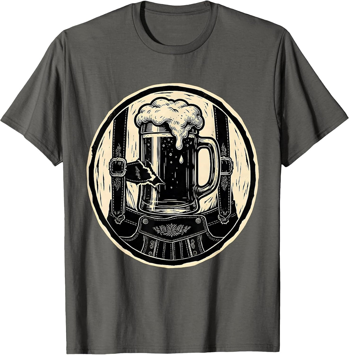 Beer Stein Bursting Through Lederhosen Pocket T-Shirt - Asphalt Grey