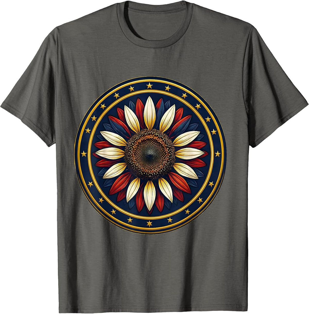 Red White and Blue Sunflower Patriotic Floral T-Shirt - Asphalt Grey