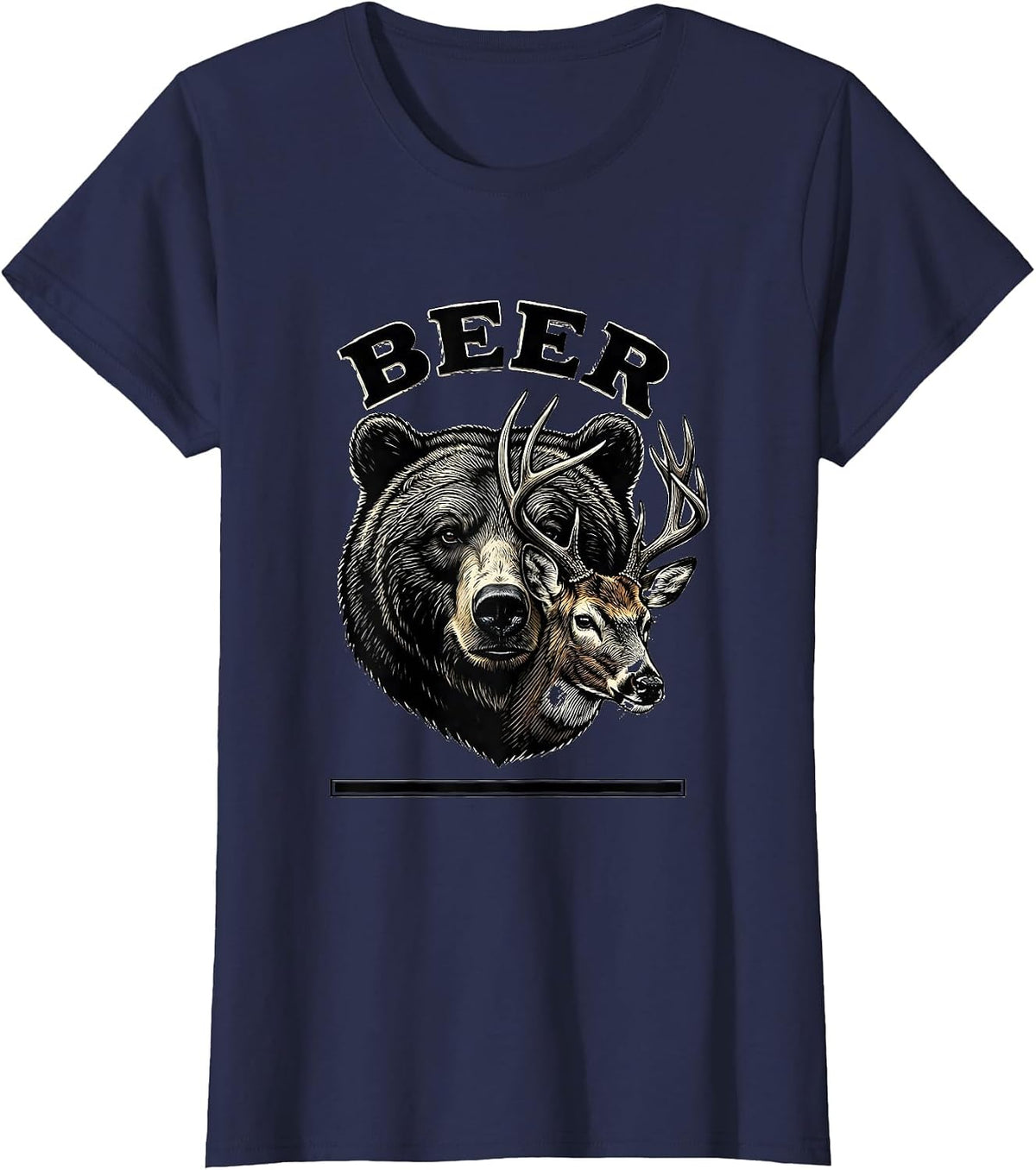Women's BEER Vintage Bear Deer Funny Hunting Drinking Humor T-Shirt - Navy Blue