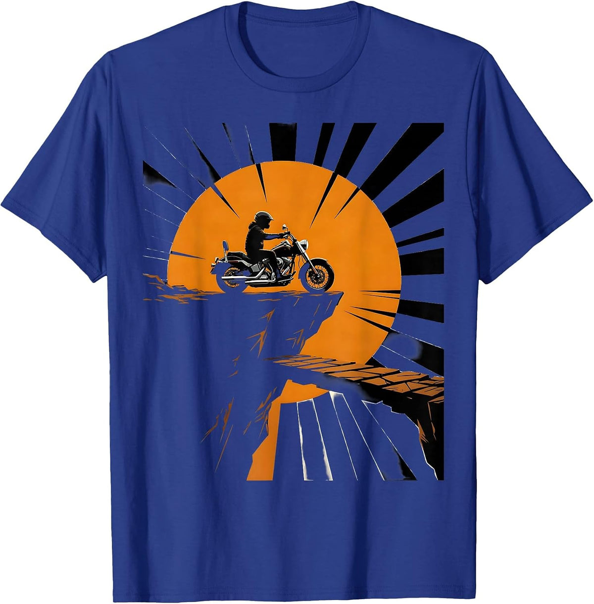 Motorcycle Cliff Edge Sunset Silhouette Design T-Shirt - Royal Blue