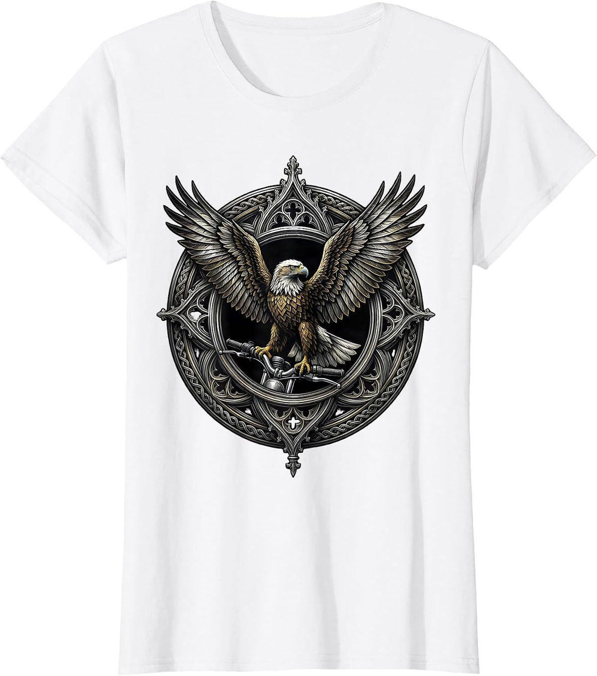 Women's Eagle on Chrome Motorcycle Handlebar Biker Graphic T-Shirt - White