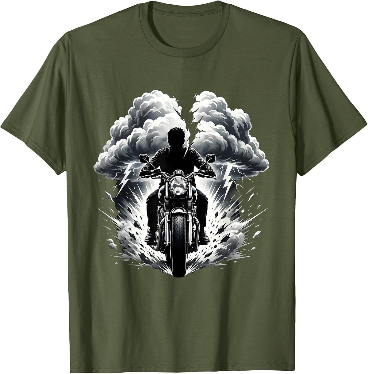 Men's Vintage Motorcycle Stormy Clouds Biker Graphic T-Shirt - Olive Green