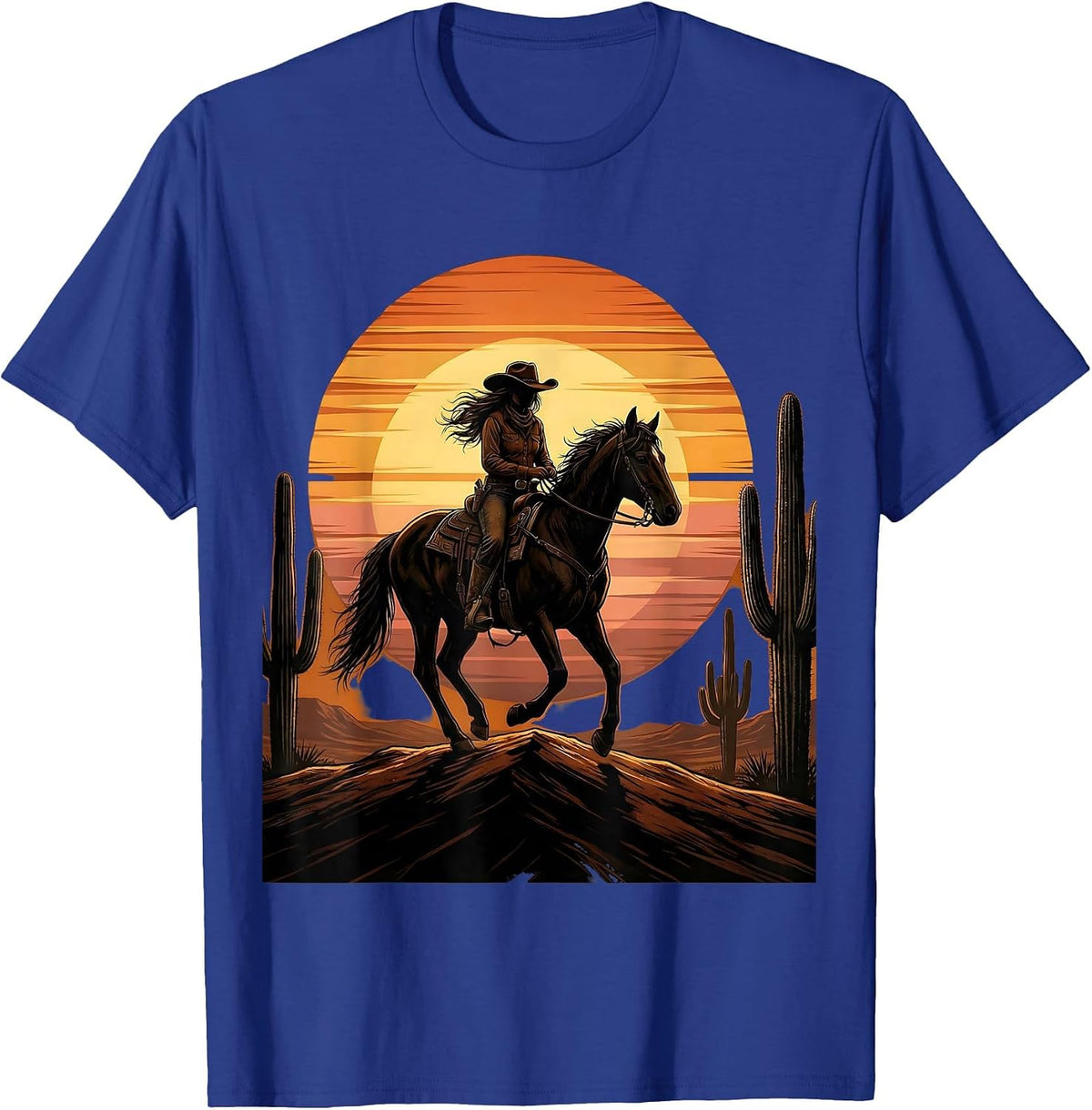 Cowgirl Silhouette Desert Sunset Graphic T-Shirt - Royal Blue
