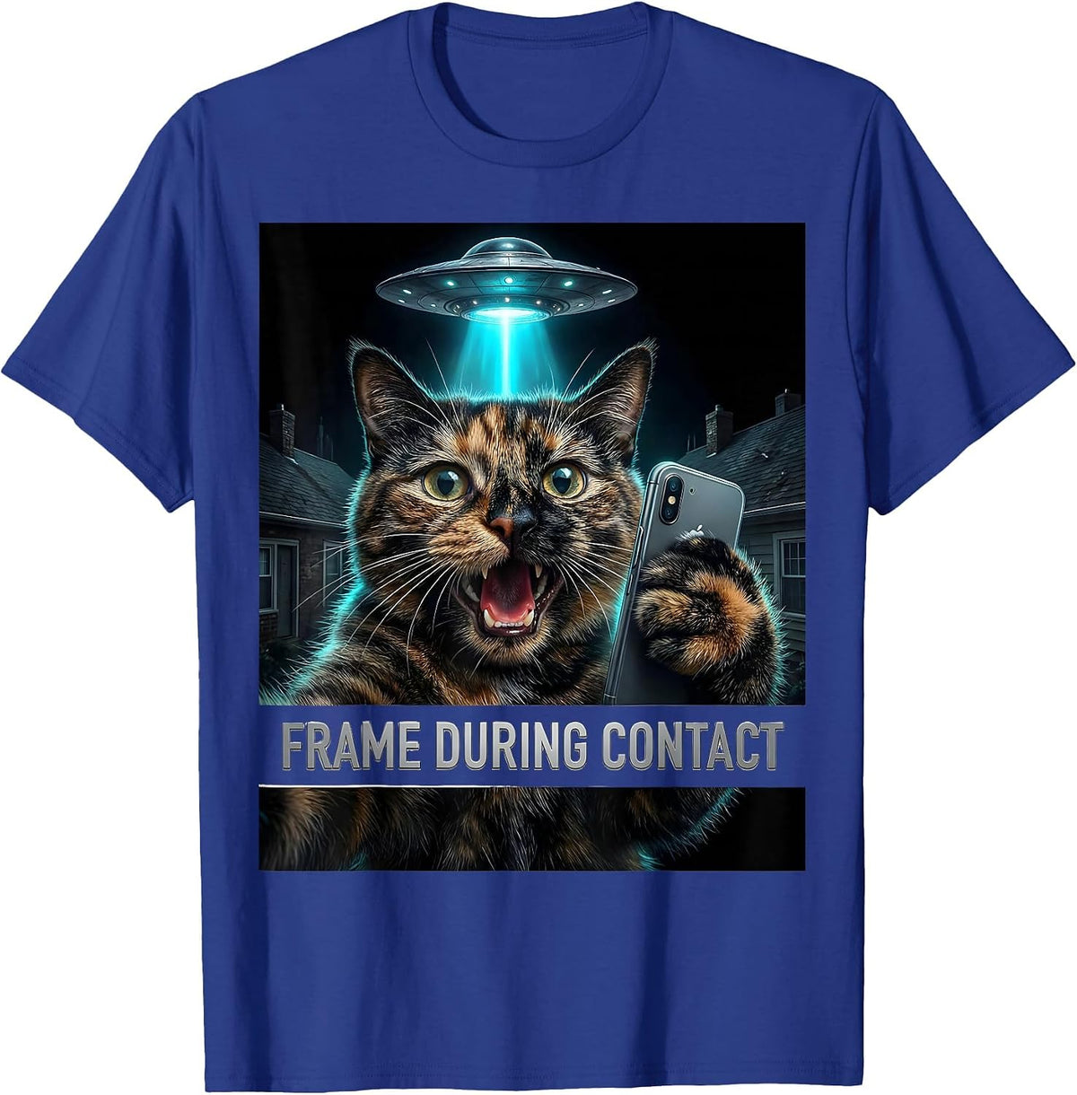 Frame During Contact Hyperreal Cat UFO Selfie Humor T-Shirt - Royal Blue
