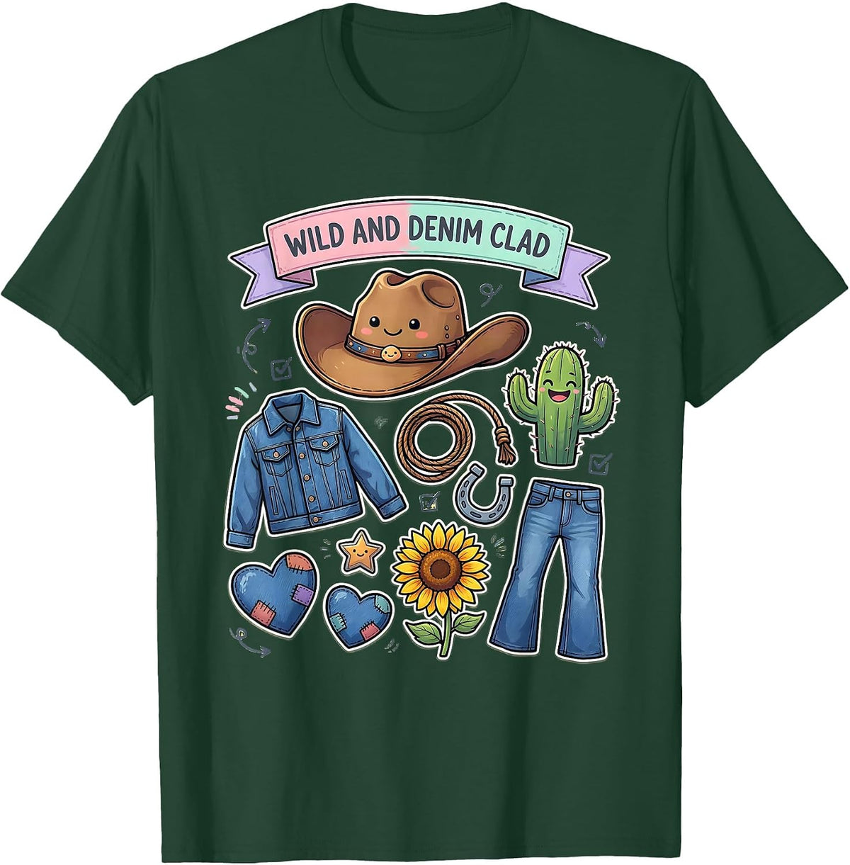 Wild and Denim Clad Cowgirl Graphic Design T-Shirt - Dark Green