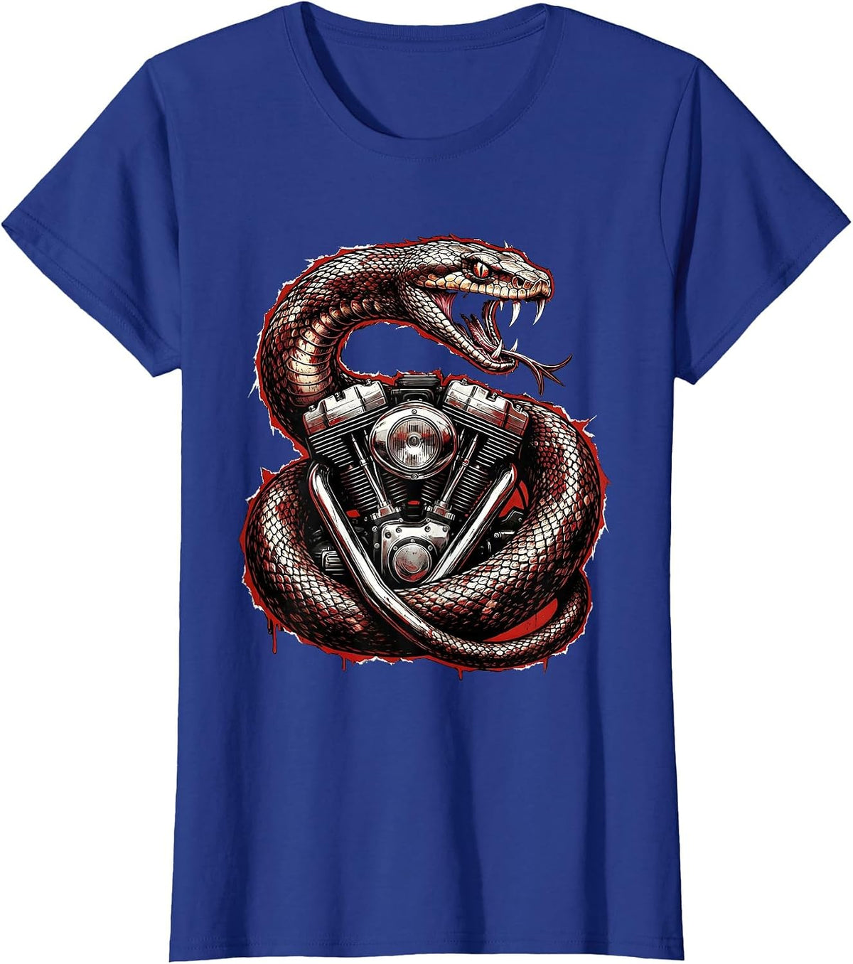 Women's Snake Coiled Vintage Motorcycle Engine Biker Art T-Shirt - Royal Blue